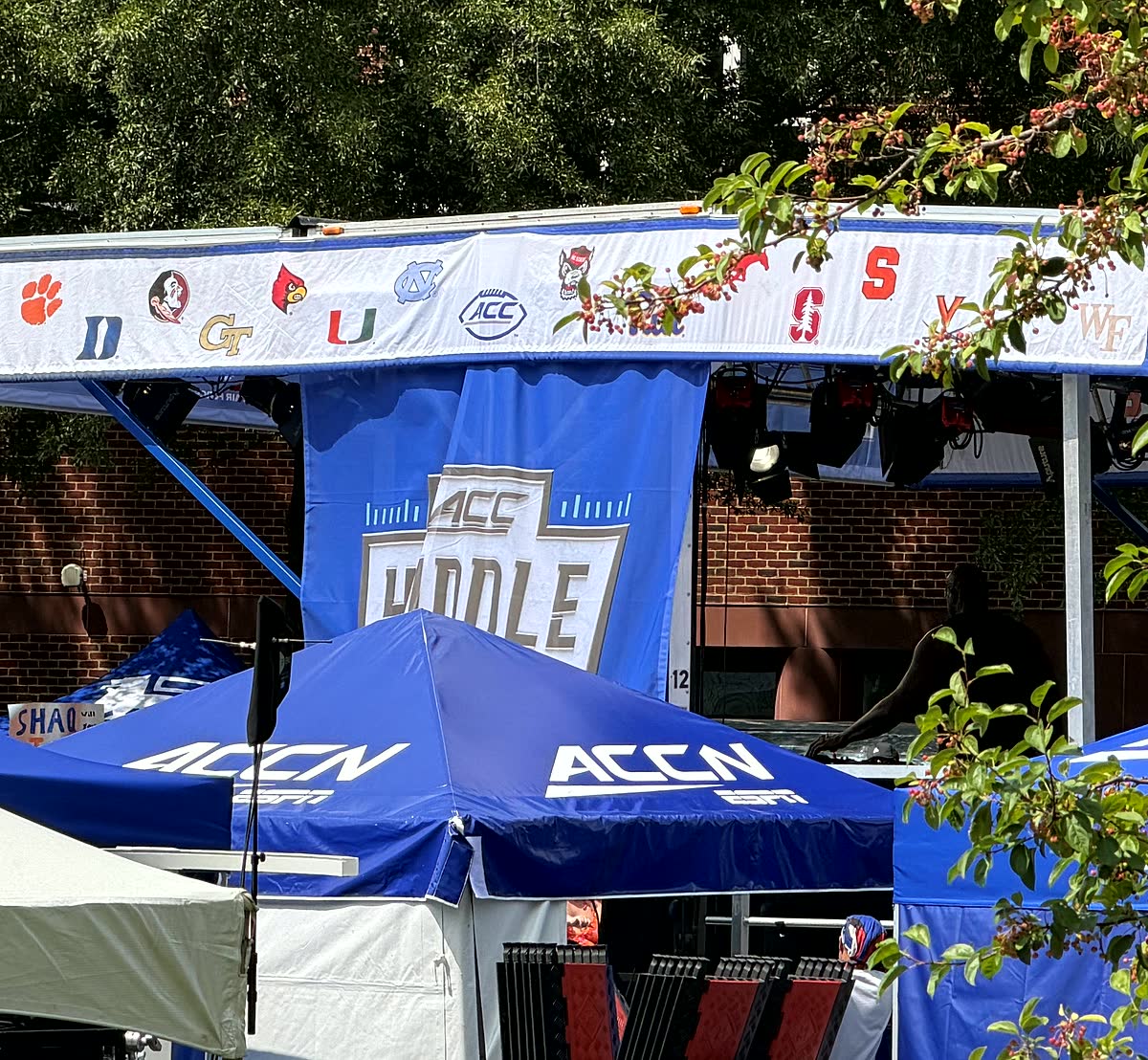 The ACC Huddle broadcast set, with every ACC team logo running along the top of the banner, including Florida State.